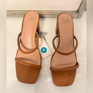 A new day Womens Tan Square-Toe Double-Strap Heeled Sandals. Size 8